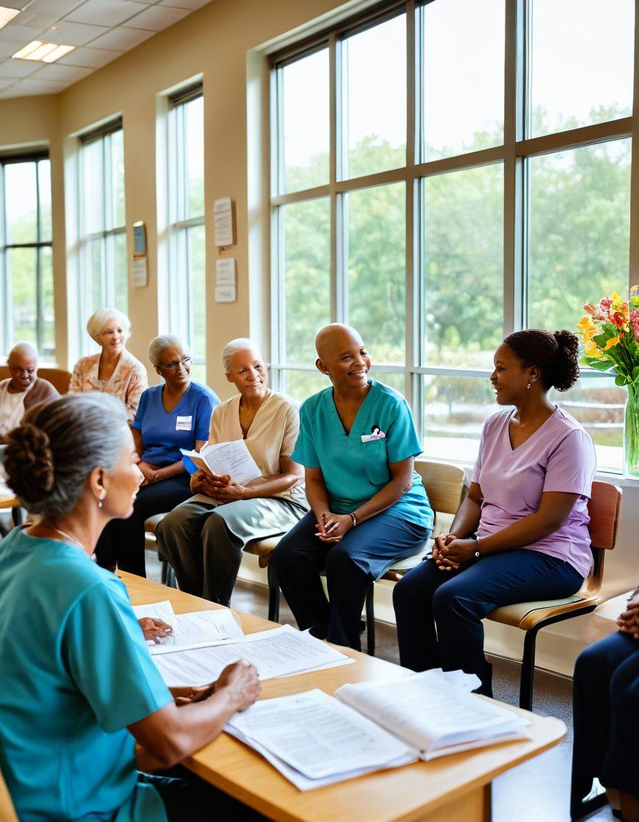 A serene and uplifting scene featuring a diverse group of cancer patients and caregivers, gathered in a bright, welcoming support center. Bright natural light streams through large windows, illuminating informational pamphlets and resource tables filled with supportive literature. Soft, calming colors and inspirational quotes decorate the walls, promoting hope and unity. Include symbols of strength, such as a blooming flower and intertwined hands, to represent support. super-realistic. vibrant colors. warm ambiance.
