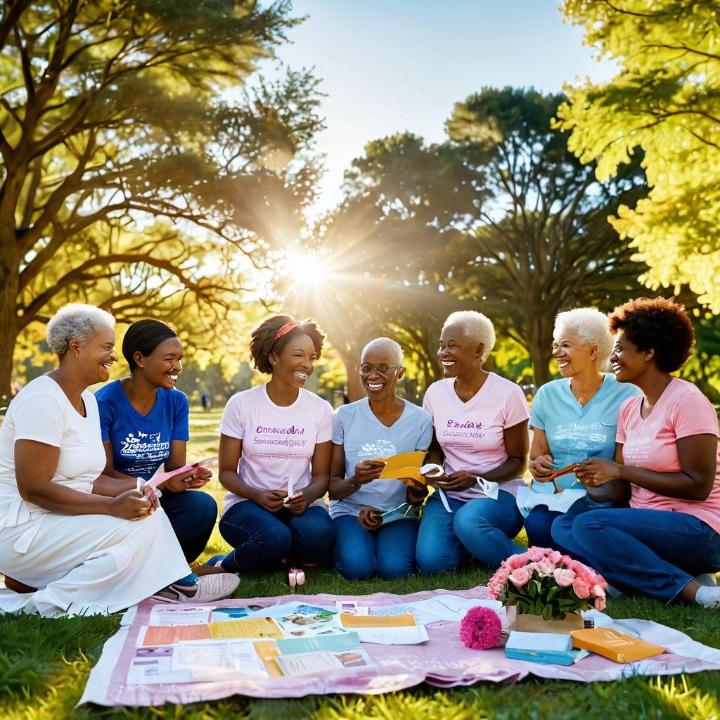 A serene and uplifting scene depicting a diverse group of cancer survivors gathered in a sunlit park, sharing stories and laughter. Include symbols of hope such as ribbons and blooming flowers, with a mix of supportive resources like pamphlets and wellness items visible in the foreground. The atmosphere should convey empowerment, strength, and community. super-realistic. vibrant colors. warm lighting.