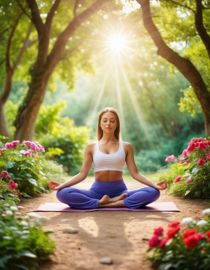 A serene scene depicting a diverse group of individuals engaged in various wellness activities, including yoga, meditation, and healthy cooking. The background should feature a lush garden with vibrant flowers symbolizing growth and renewal. Warm sunlight filters through the trees, creating a peaceful atmosphere. Include elements that represent strength and healing, such as a butterfly and a heart-shaped stone. soft focus. vibrant colors. natural light.